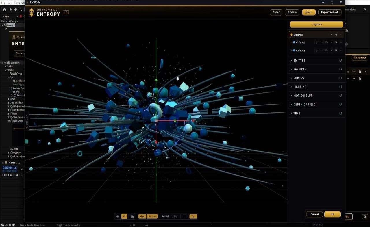 Entropy open inside After Effects: a system with two child systems emitting geometry, spheres and tracer streaks in the Composer viewport, beside the Navigator panel.
