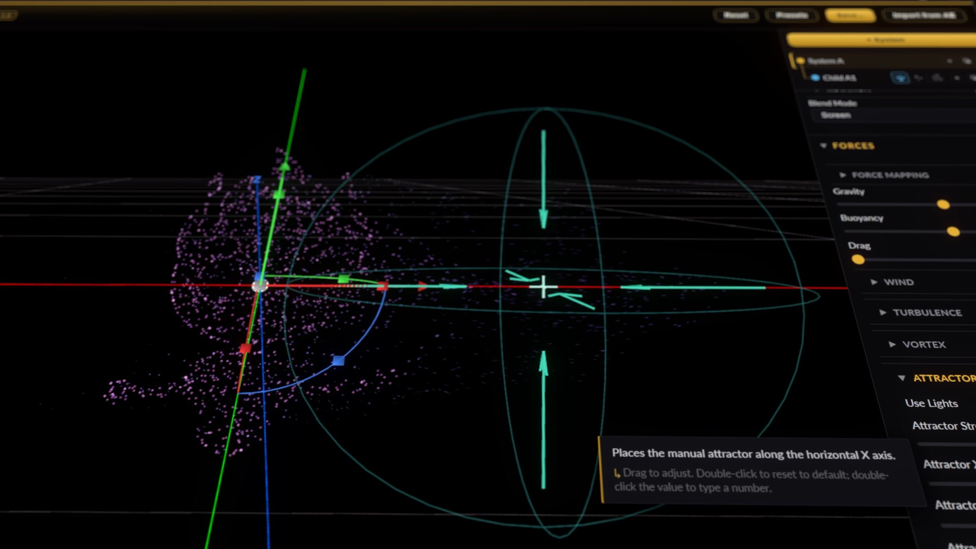 Particle paths bent by an attractor and a spring, the forces legible in the curves they leave behind.