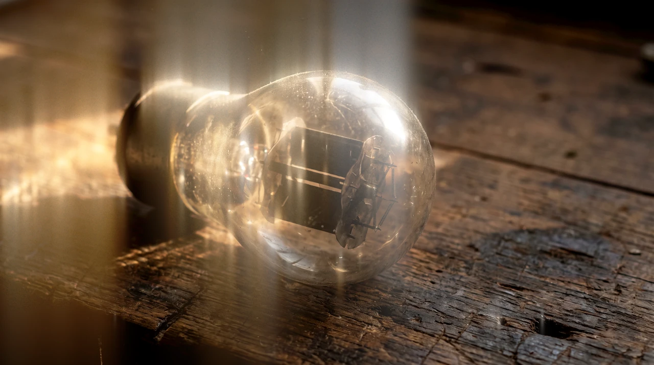 A vintage glass vacuum tube on a wooden workbench, with stretched light flaring from its bright reflections.