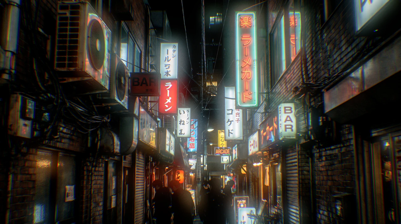 A narrow Tokyo alley at night, with luminous neon signs and warm light spilling into the street.