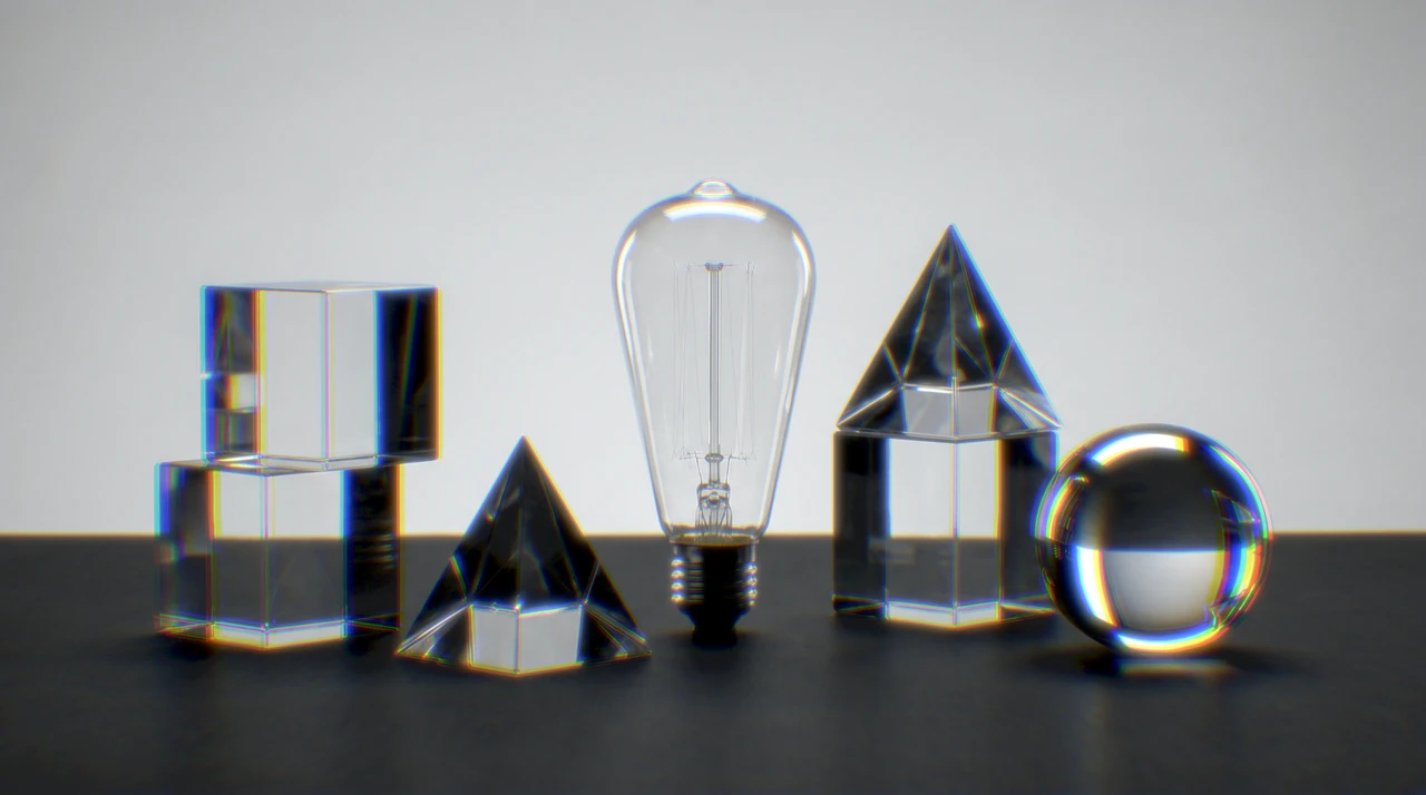 Glass prisms, a clear bulb, and a reflective sphere with spectral color separating along their edges.