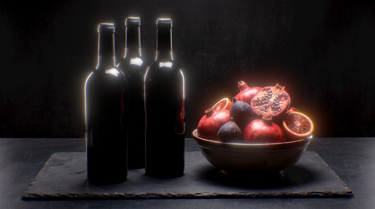 Dark glass bottles and a bowl of fruit, with soft bloom around the bottle rims and bright fruit.
