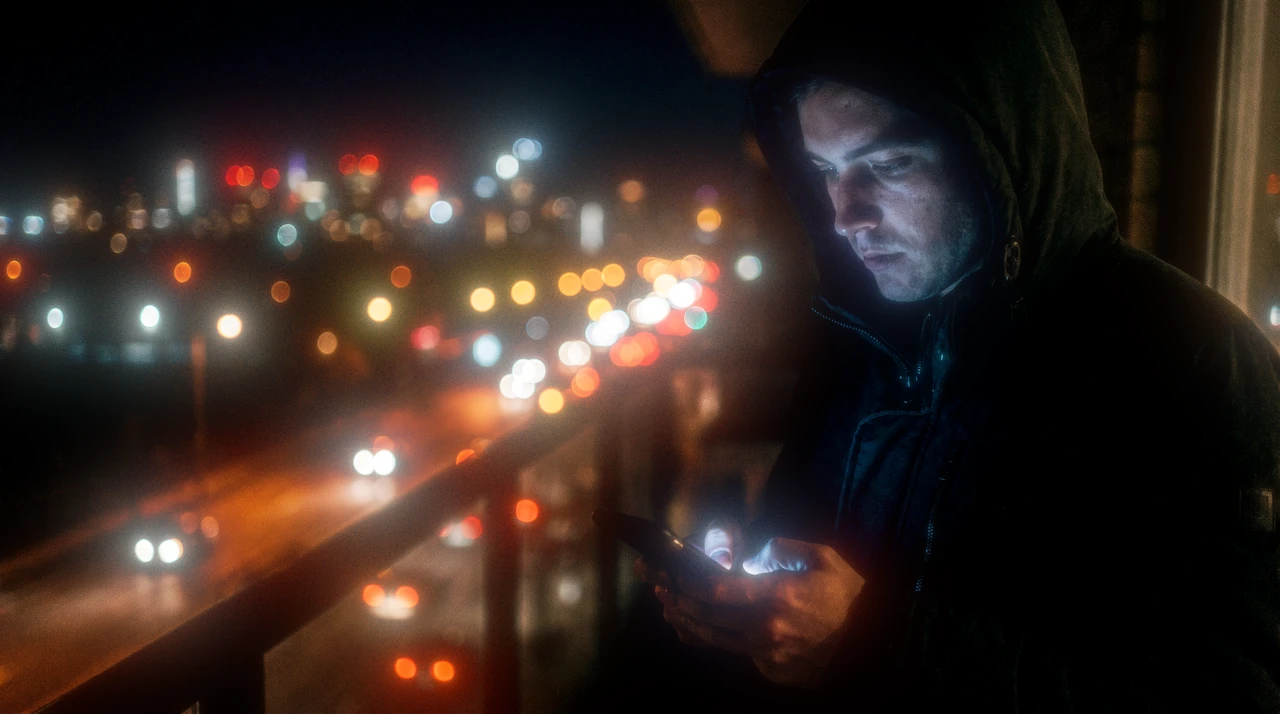 A person looking at a phone on a dark balcony, with glowing city lights behind them.