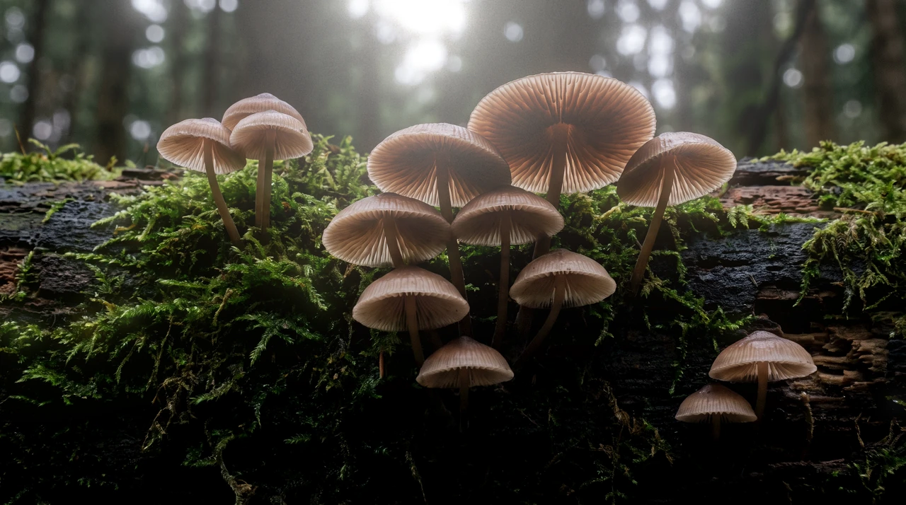 Mushrooms on a mossy log, backlit by warm sunlight spreading through the forest.