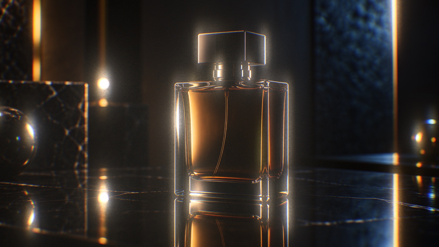 Un frasco de perfume de vidrio sobre mármol negro, con los bordes resplandeciendo de luz cálida y dispersión cromática, renderizado con Lumen Glow.