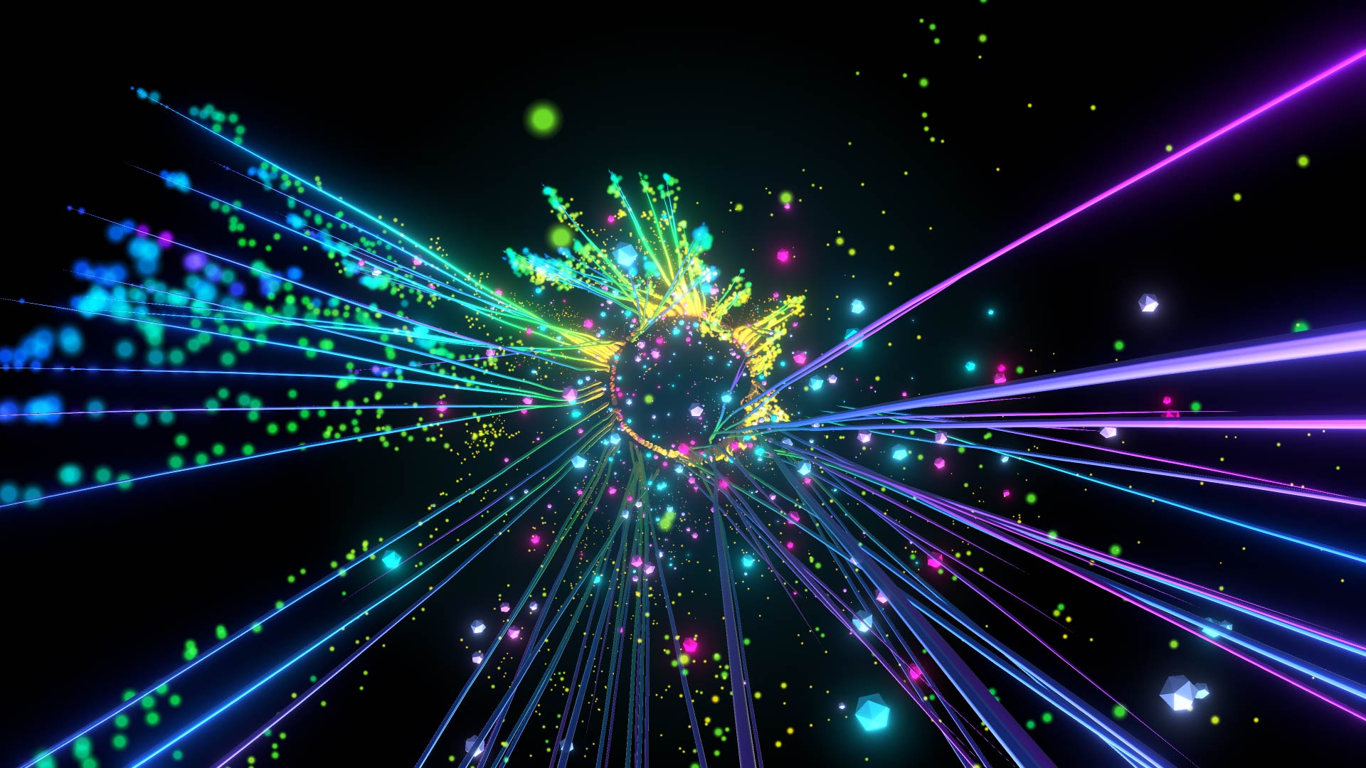 Layered Entropy systems bursting outward in magenta, cyan and yellow.
