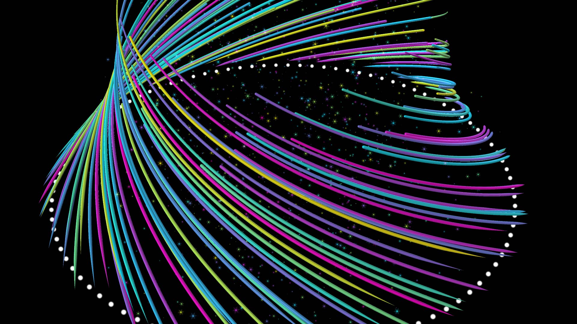 Multicolored tracer curves swept into a directed fan.