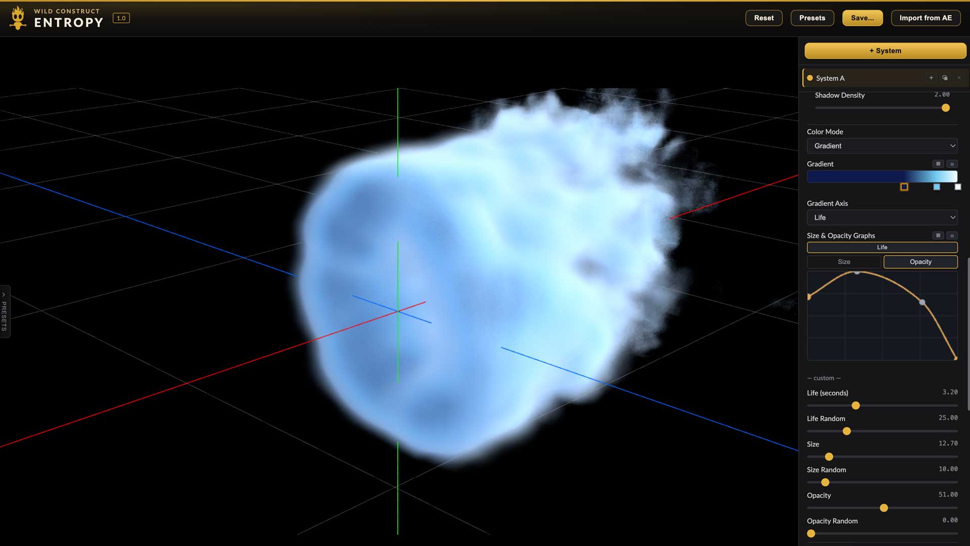 A lit volumetric cloud rendered in Entropy, shown on the 3D axes of the plug-in viewport.